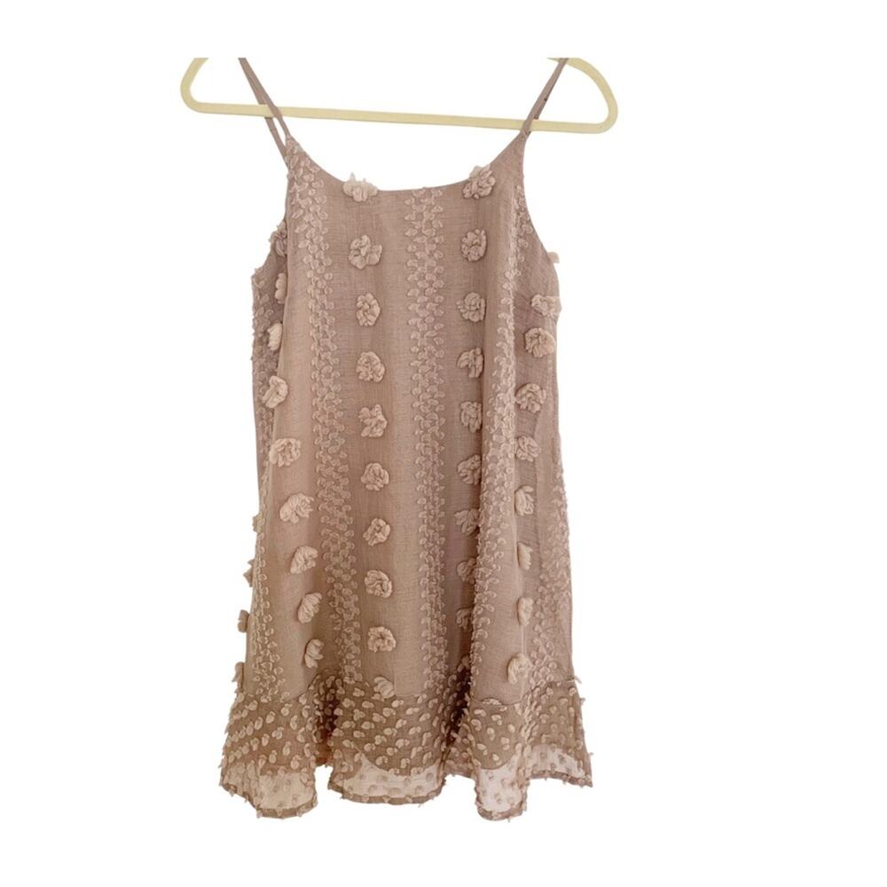 Simplee Taupe Floral Pom Embellished Mini Dress Small NWOT